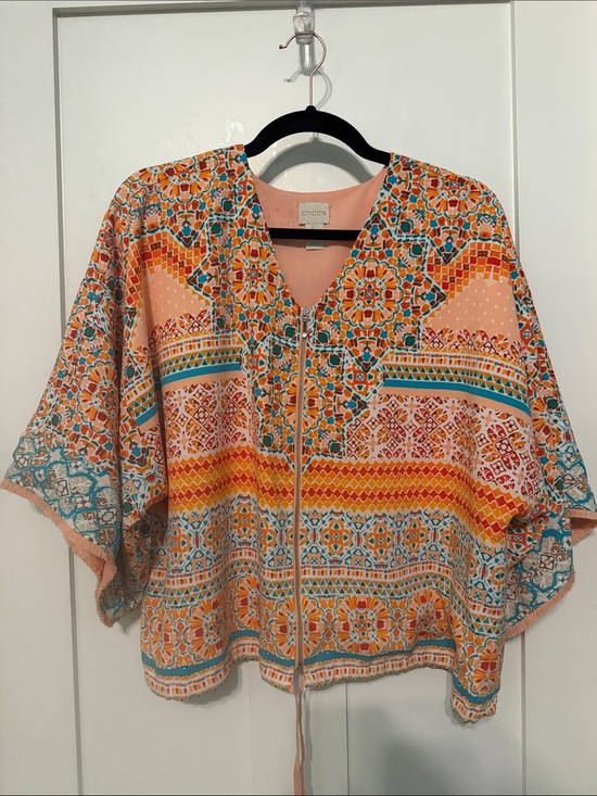 Chico's Jackets & Blazers - Chico's Peach and Teal Tile-Print Zip Front Cropped Jacket Blouse